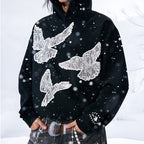 Yardru Black Printed Peace Dove Hoodie Heavy Trendy Jacket Men s and Women s Loose Design image 2