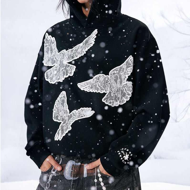 Yardru Black Printed Peace Dove Hoodie Heavy Trendy Jacket Men s and Women s Loose Design image 2