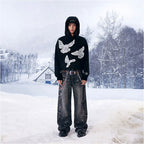 Yardru Black Printed Peace Dove Hoodie Heavy Trendy Jacket Men s and Women s Loose Design image 3