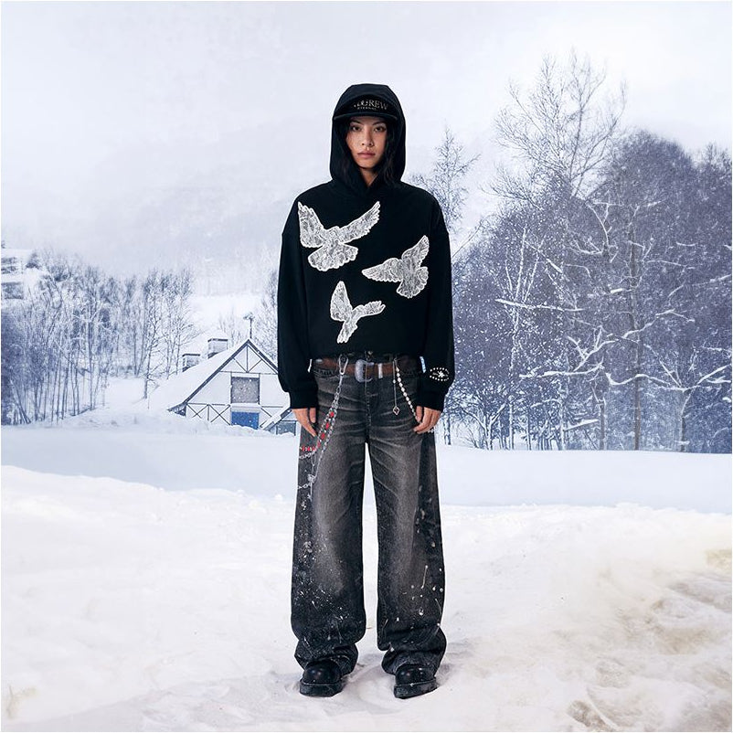 Yardru Black Printed Peace Dove Hoodie Heavy Trendy Jacket Men s and Women s Loose Design image 3