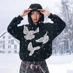 Yardru Black Printed Peace Dove Hoodie Heavy Trendy Jacket Men s and Women s Loose Design image 4