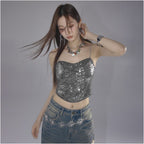 LA CRAWFISH Fashionable Retro Premium Glitter Bead Strap Top Exquisite Party Spicy Girl Top Female image 2