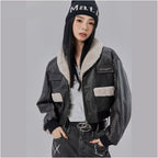 LA CRAWFISH American retro imitation rabbit mink fur collar with spliced cotton and Maillard PU leather jacket short jacket image 1