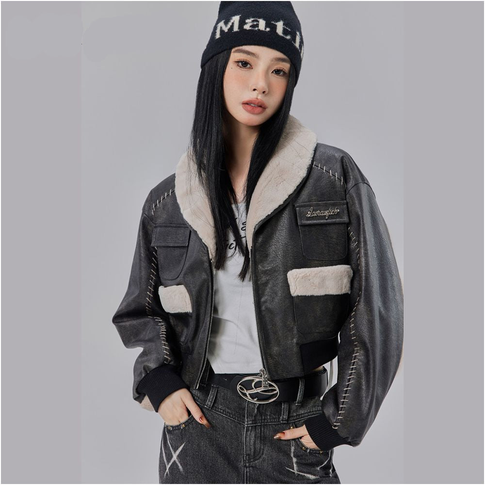 LA CRAWFISH American retro imitation rabbit mink fur collar with spliced cotton and Maillard PU leather jacket short jacket image 1