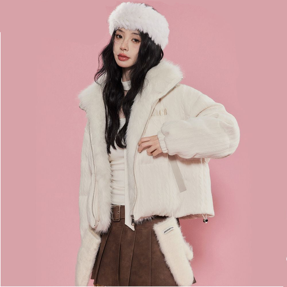 LA CRAWFISH Korean lazy 90 white duck down detachable fur collar PU leather down jacket winter thick coat for women image 1