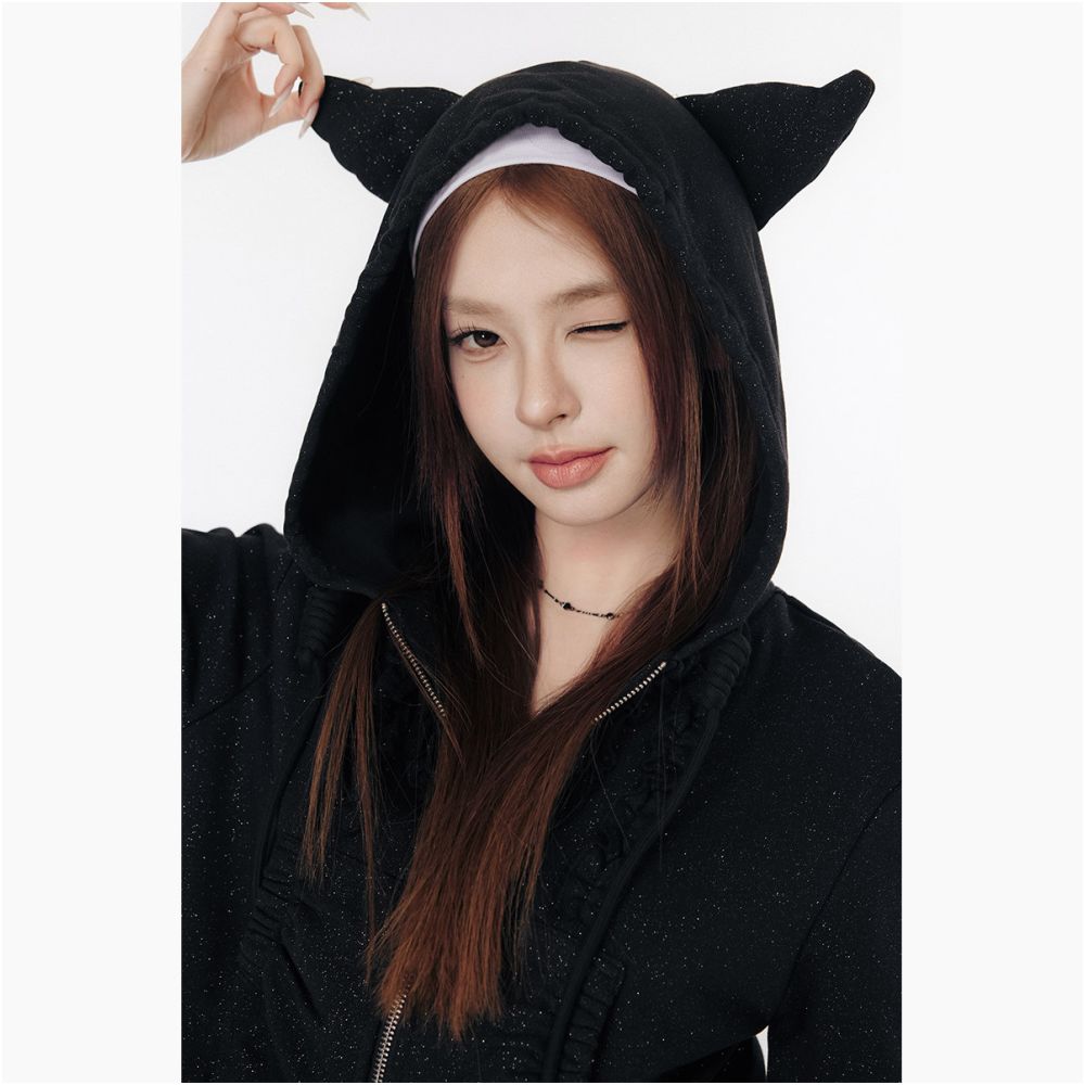 LACRAWFISH American retro bright silk wavy lace crescent pleated pocket demon horn hooded sweatshirt jacket image 3