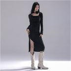 LA CRAWFISH Retro Royal Sister Wind Lotus Leaf Edge Square Collar Worn Drawn Drawn Waist Split Long Sleeve Dress for Women image 2