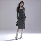 LA CRAWFISH Retro Royal Sister Wind Lotus Leaf Edge Square Collar Worn Drawn Drawn Waist Split Long Sleeve Dress for Women image 3