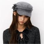 THELIGHT three dimensional flower wool woolen beret women s winter new black and white gray newsboy hat looks small on the face image 0