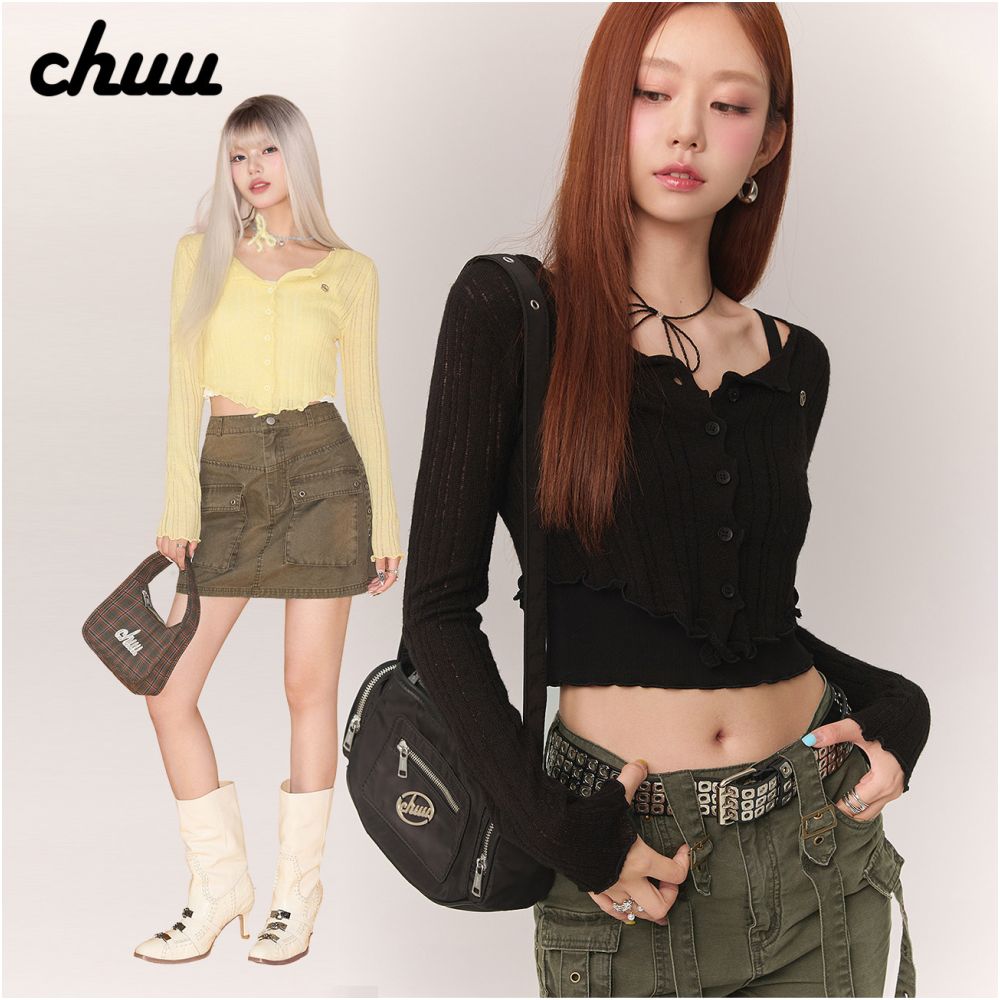 CHUU Mushroom Edge Long Sleeve Knitted Shirt for Women Autumn 2025 New Product Slim Fit Thin Short Cardigan Outer Top image 1