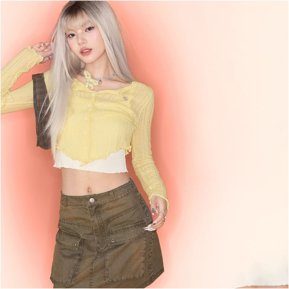 CHUU Mushroom Edge Long Sleeve Knitted Shirt for Women Autumn 2025 New Product Slim Fit Thin Short Cardigan Outer Top image 3