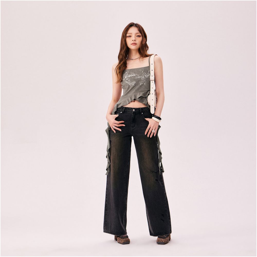 CHUU ruffle edge vest women s 2025 autumn new product sweet and spicy girl letter print off shoulder strapless slim fit suspender image 2