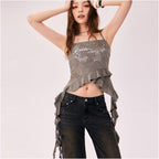 CHUU ruffle edge vest women s 2025 autumn new product sweet and spicy girl letter print off shoulder strapless slim fit suspender image 3