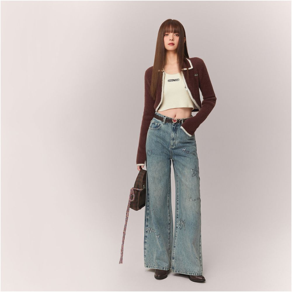 CHUU washed and ground white wide leg jeans for women in autumn 2025 new butterfly bow sequin letter embroidery pants image 2