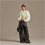 CHUU Lace up Ruffle Wide Leg Casual Pants for Women 2025 Winter New Arrival Side Stripe Lace Trim Fleece Lined Long Pants image 1