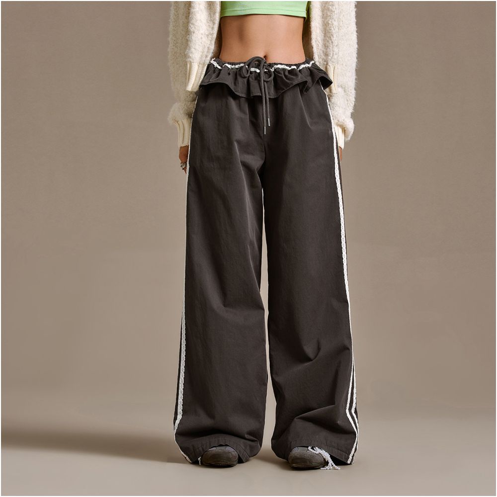 CHUU Lace up Ruffle Wide Leg Casual Pants for Women 2025 Winter New Arrival Side Stripe Lace Trim Fleece Lined Long Pants image 3