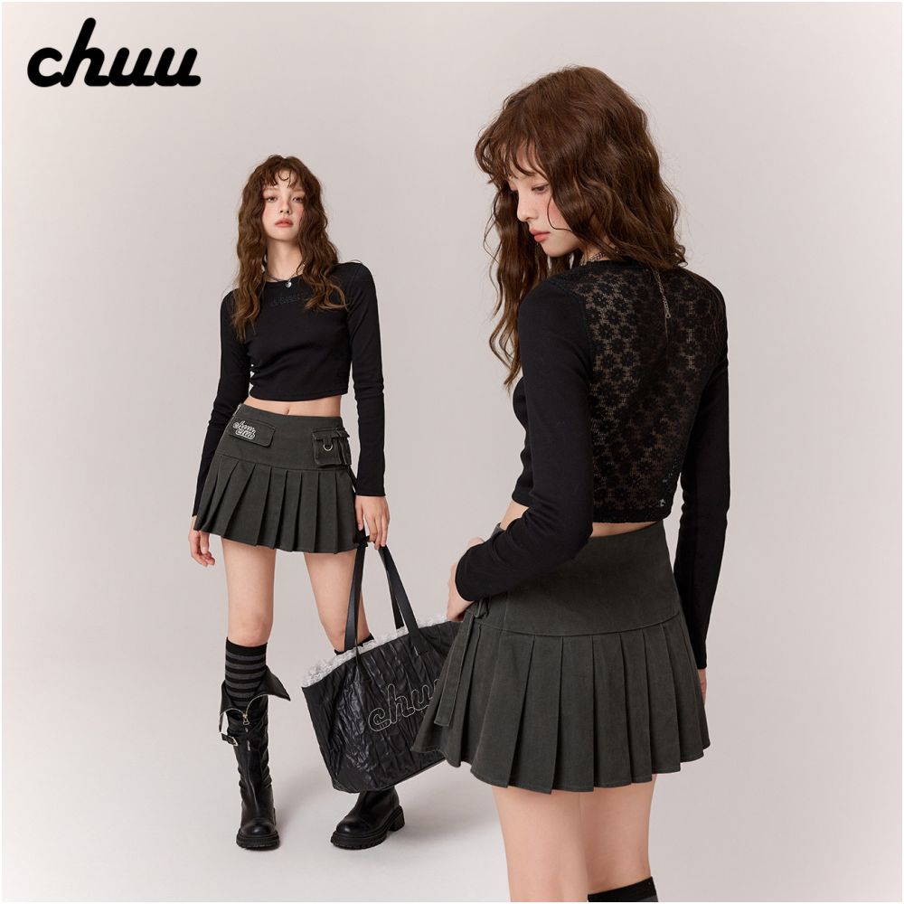 CHUU letter embroidered T shirt for women s autumn 2025 new product design sense lace splicing long sleeved pullover short top image 1