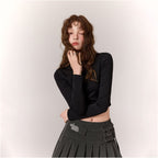 CHUU letter embroidered T shirt for women s autumn 2025 new product design sense lace splicing long sleeved pullover short top image 3