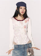 CONFUN original printed contrasting splicing rivet long sleeved top image 0
