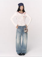 CONFUN original printed contrasting splicing rivet long sleeved top image 1