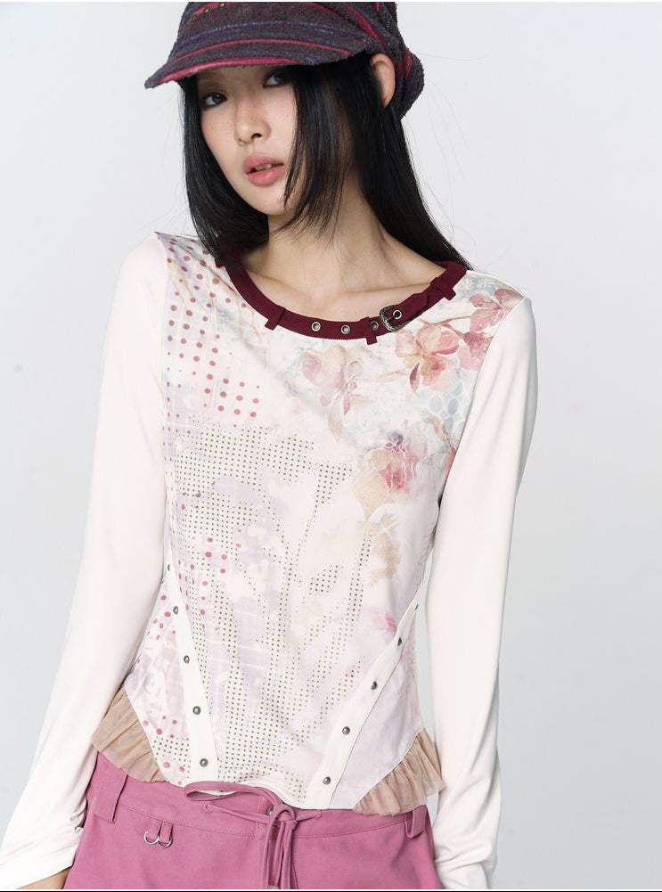 CONFUN original printed contrasting splicing rivet long sleeved top image 2