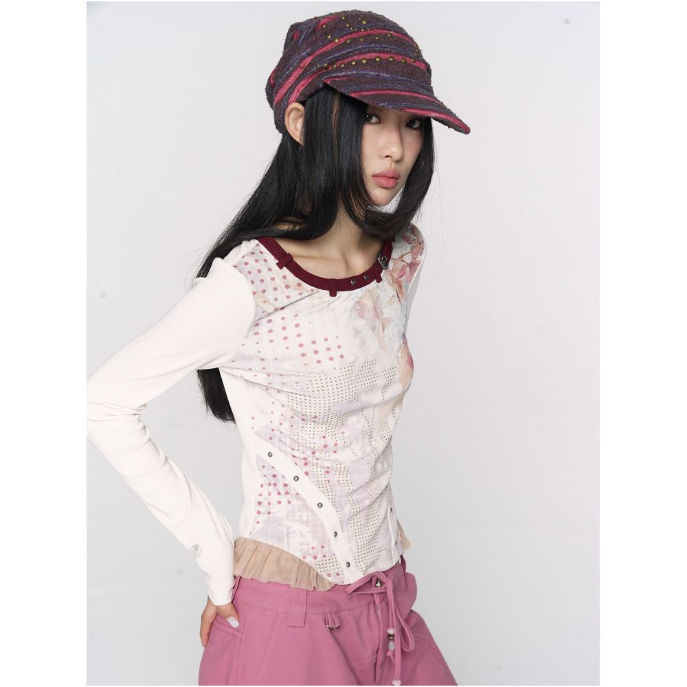 CONFUN original printed contrasting splicing rivet long sleeved top image 3