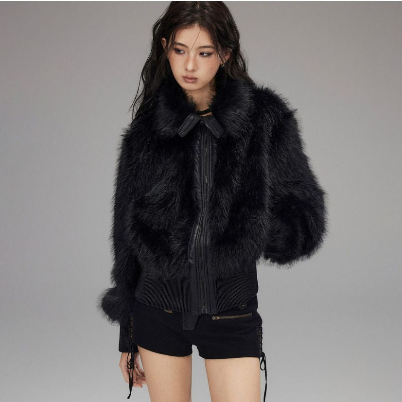 Low pixel black patchwork lapel plush short jacket long sleeved loose warm silhouette top image 1