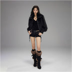 Low pixel black patchwork lapel plush short jacket long sleeved loose warm silhouette top image 2