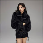 Low pixel black patchwork lapel plush short jacket long sleeved loose warm silhouette top image 3