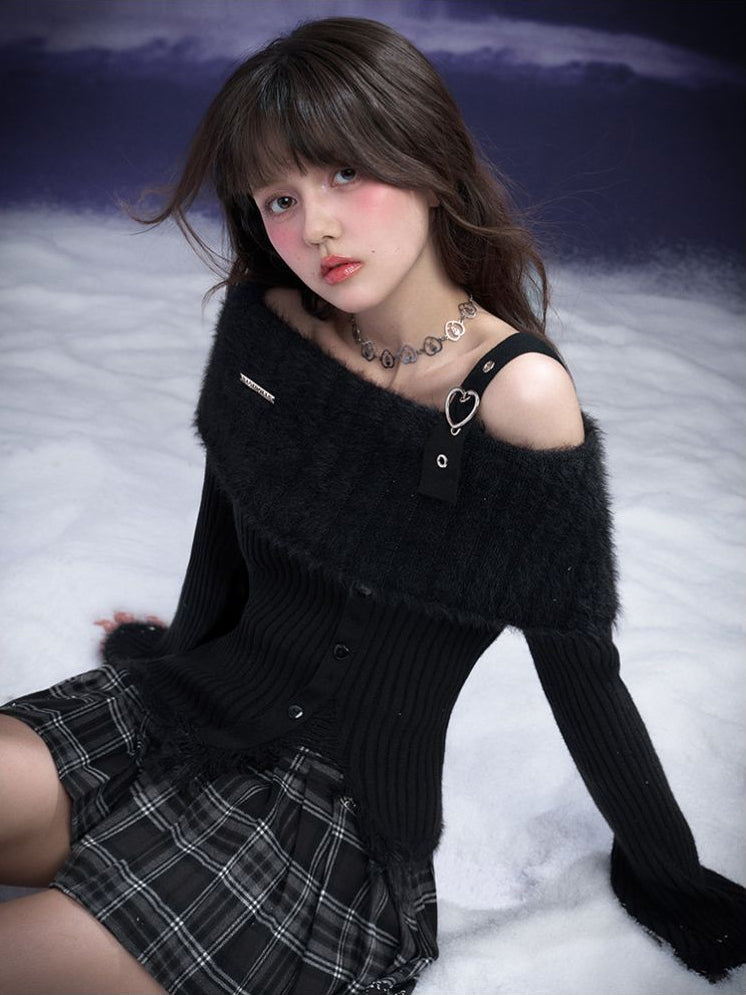 SagiDolls Girl s Fighting Spirit Black Feather Dream Pure Desire Black Off Shoulder Knit Top Valentine s Day Date Spring image 2