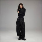 Low pixel black tassel rivet fart curtain women s low waist slim fit patchwork irregular A line skirt image 2