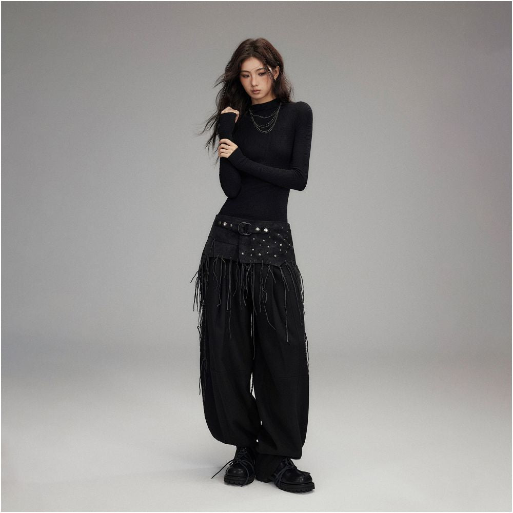 Low pixel black tassel rivet fart curtain women s low waist slim fit patchwork irregular A line skirt image 2