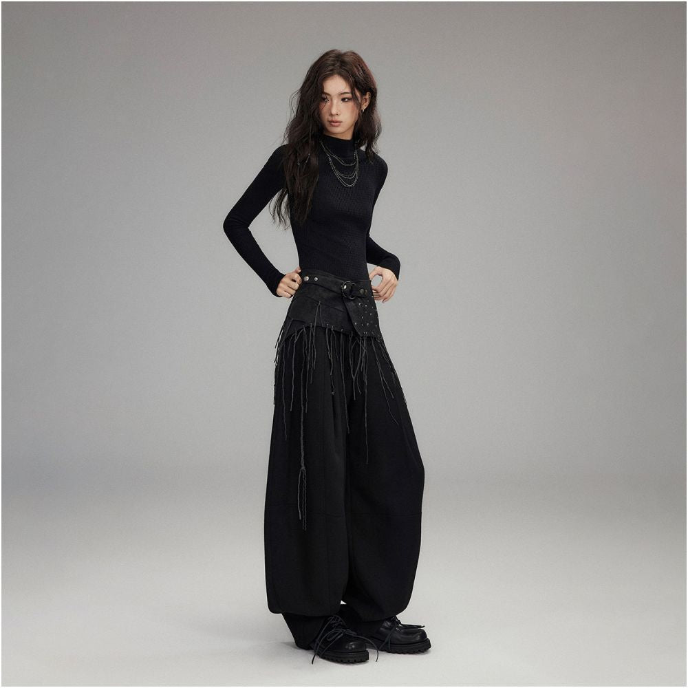 Low pixel black tassel rivet fart curtain women s low waist slim fit patchwork irregular A line skirt image 3