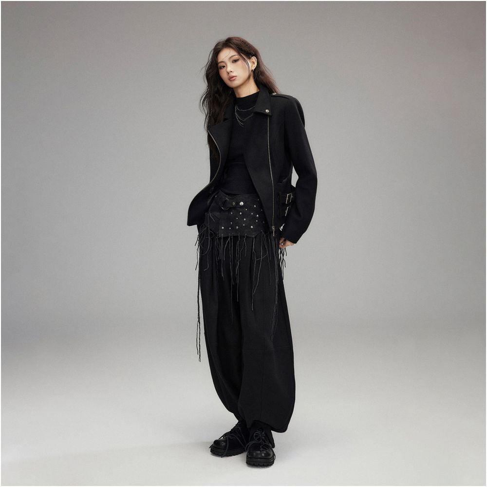 Low pixel black tassel rivet fart curtain women s low waist slim fit patchwork irregular A line skirt image 5