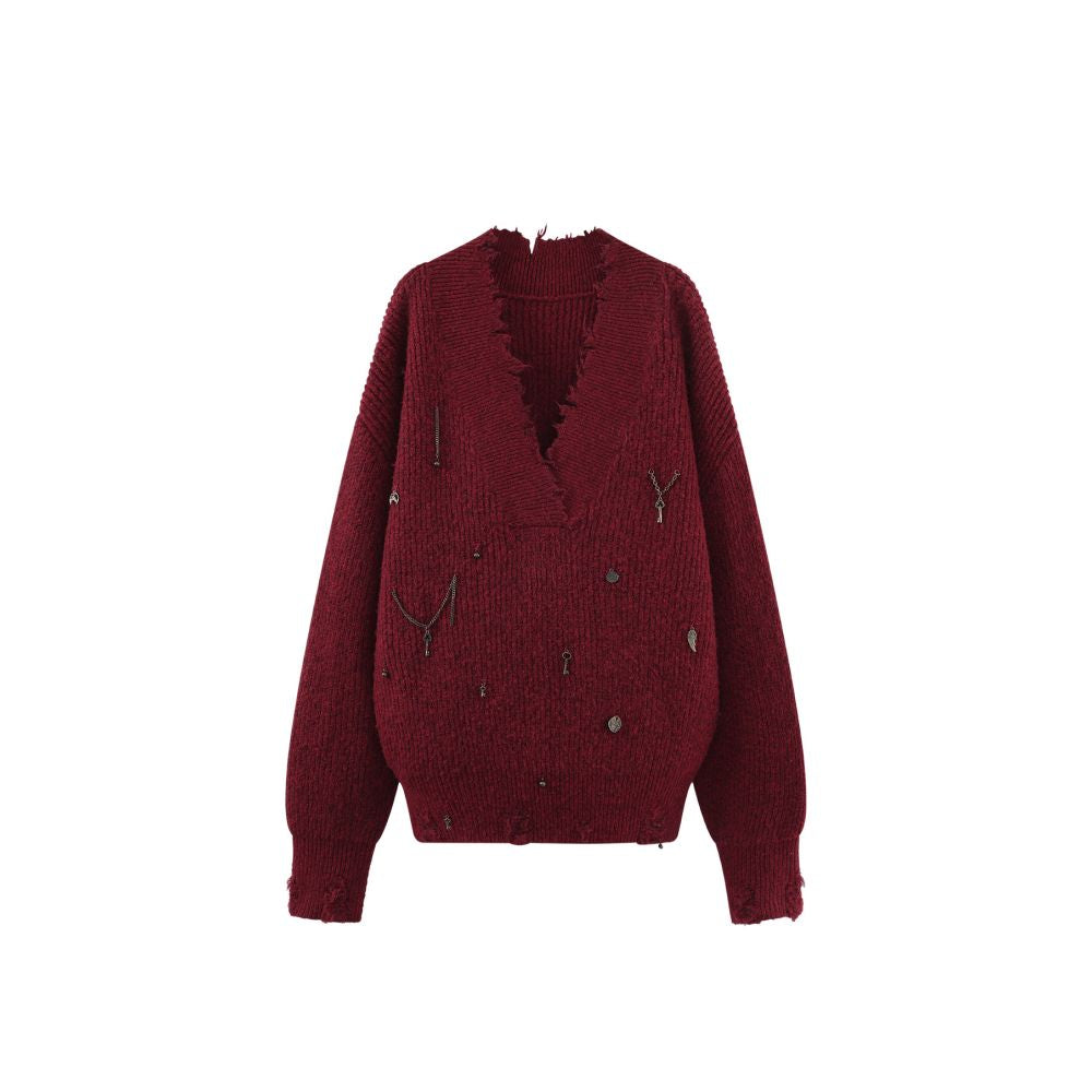 Vintage Red Distressed V-Neck Knit Sweater
