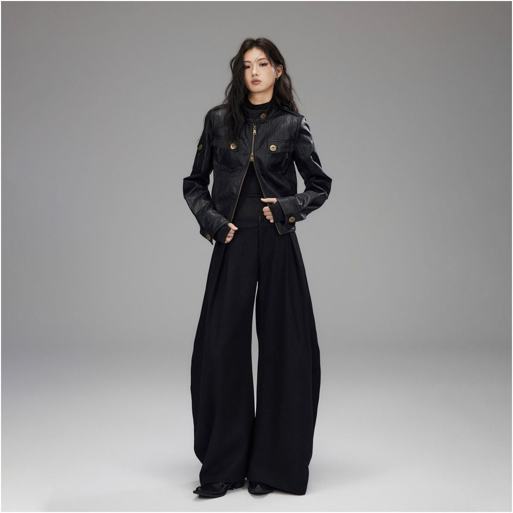 Low pixel black lapel long sleeved workwear leather jacket women s retro vintage vintage silhouette short jacket image 2