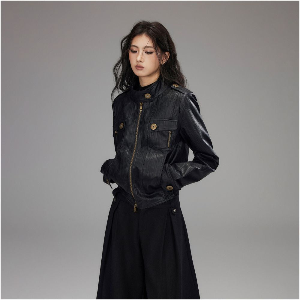 Low pixel black lapel long sleeved workwear leather jacket women s retro vintage vintage silhouette short jacket image 3