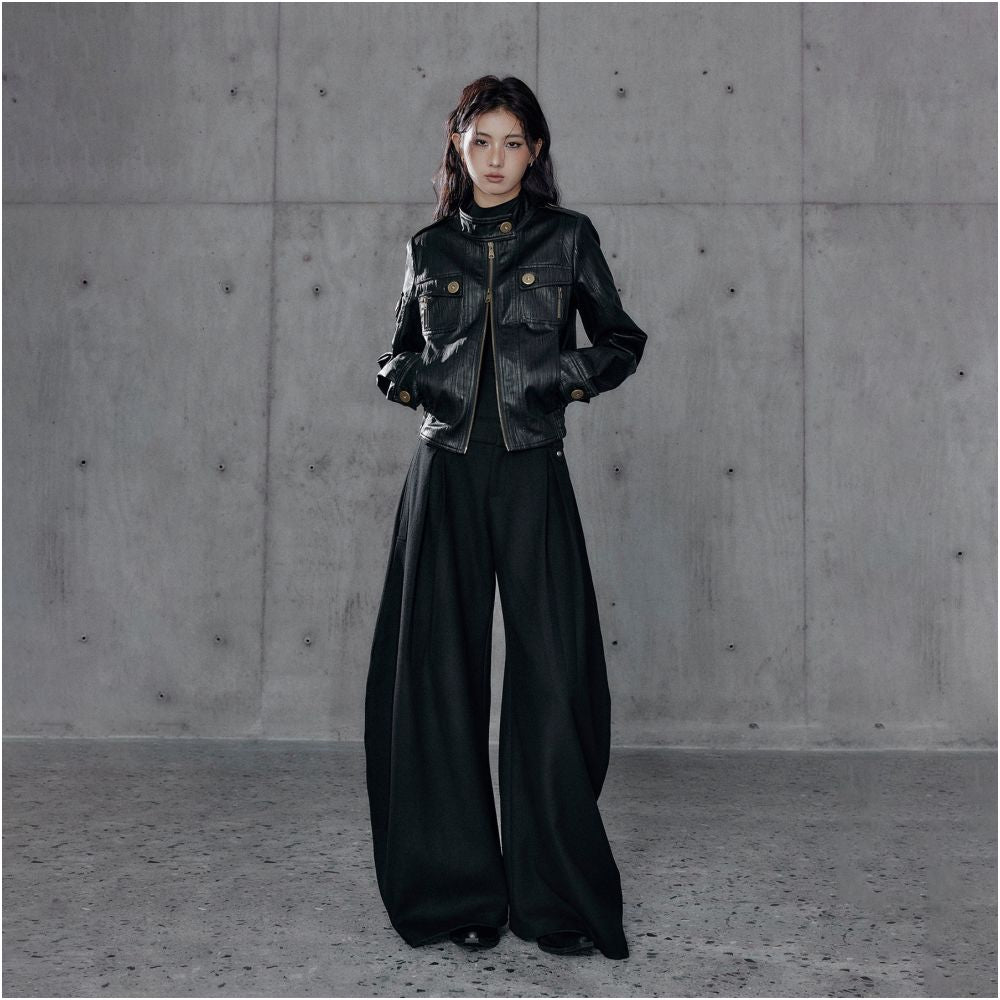 Low pixel black lapel long sleeved workwear leather jacket women s retro vintage vintage silhouette short jacket image 4