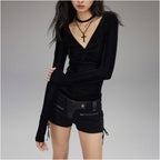 Low pixel velvet V neck long sleeved plush T shirt with hollowed out twisted back and slim mesh top image 4