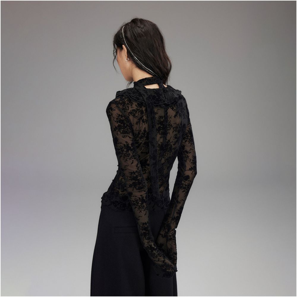 Low pixel velvet ruffled V neck shirt with a fitted waist and openwork mesh long sleeves thin and lightweight image 3