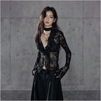 Low pixel velvet ruffled V neck shirt with a fitted waist and openwork mesh long sleeves thin and lightweight image 5