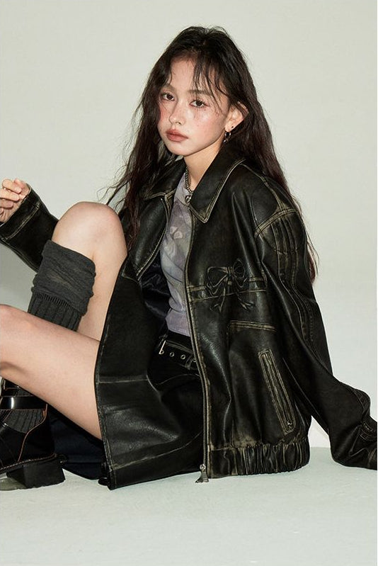 Sweet and cool bow washed leather jacket for women DIDDIMODA original design black brown retro leather jacket image 2