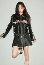 Sweet and cool bow washed leather jacket for women DIDDIMODA original design black brown retro leather jacket image 5