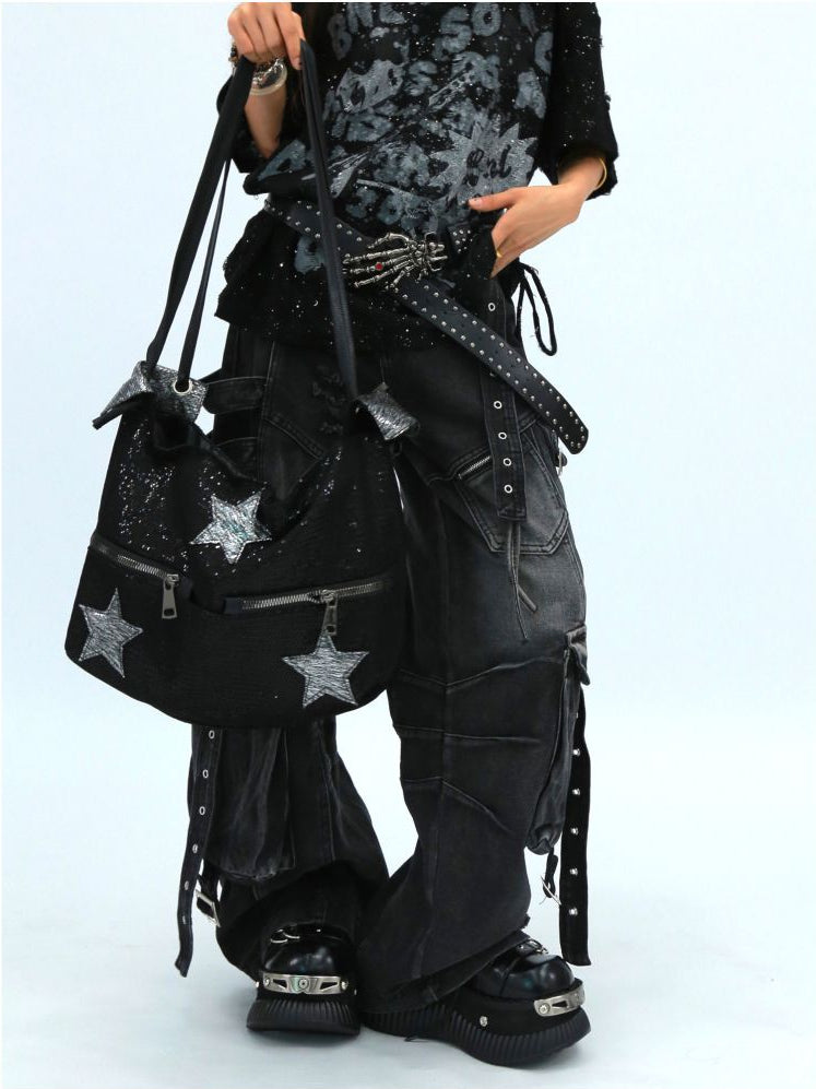 NANAICHILLI star glitter tote bag design sense subculture punk rock shoulder bag women s crossbody bag image 4