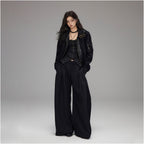 Low pixel wool stand up collar workwear woolen coat women s long sleeved loose splicing short top image 2