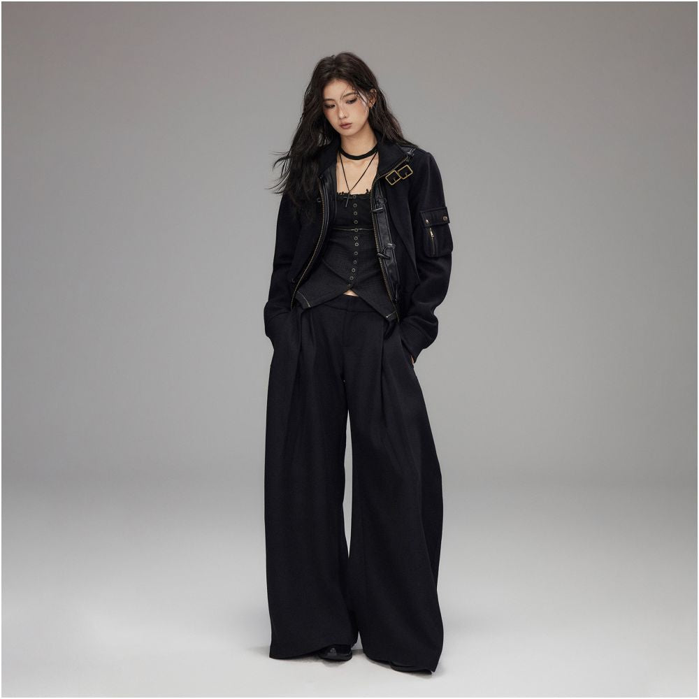 Low pixel wool stand up collar workwear woolen coat women s long sleeved loose splicing short top image 2