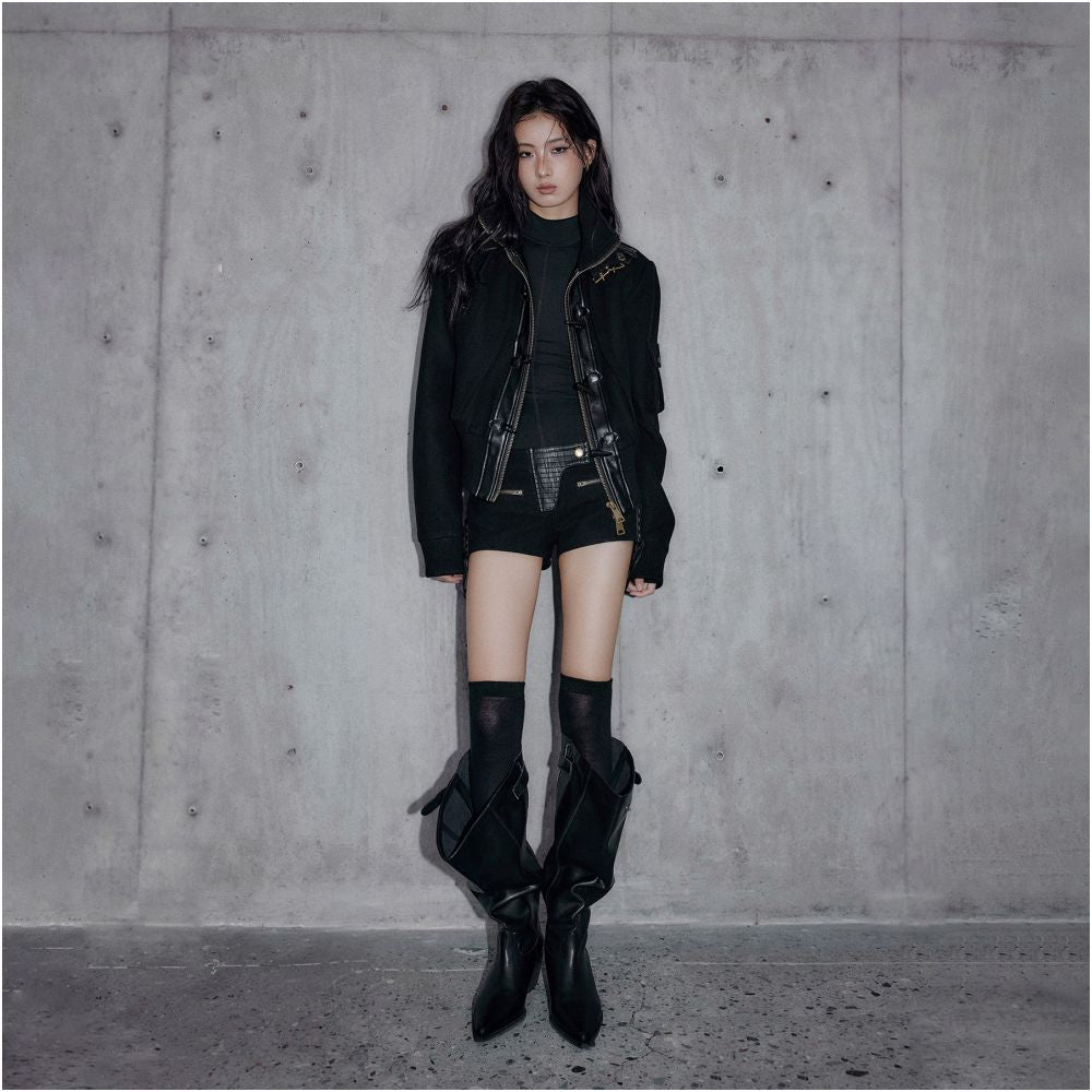 Low pixel wool stand up collar workwear woolen coat women s long sleeved loose splicing short top image 5