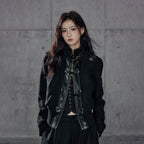 Low pixel wool stand up collar workwear woolen coat women s long sleeved loose splicing short top image 0