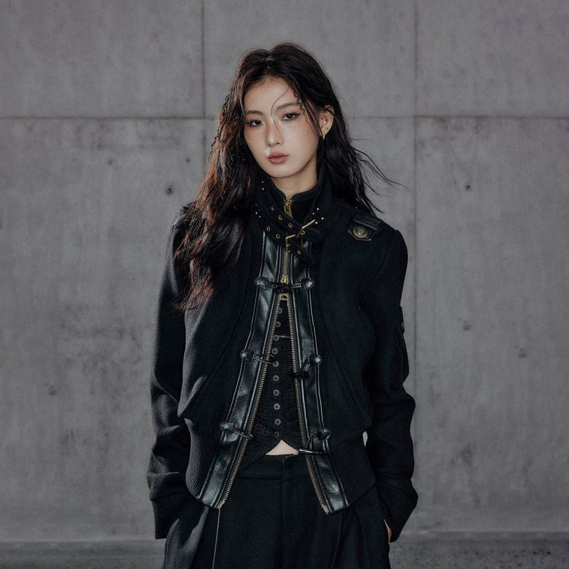 Low pixel wool stand up collar workwear woolen coat women s long sleeved loose splicing short top image 0