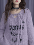 SagiDolls Girl Fighting Velvet Purple Rabbit Sweet Cool Purple V neck Strap Imitation Mink Hair Loose Sweater for Warmth image 3